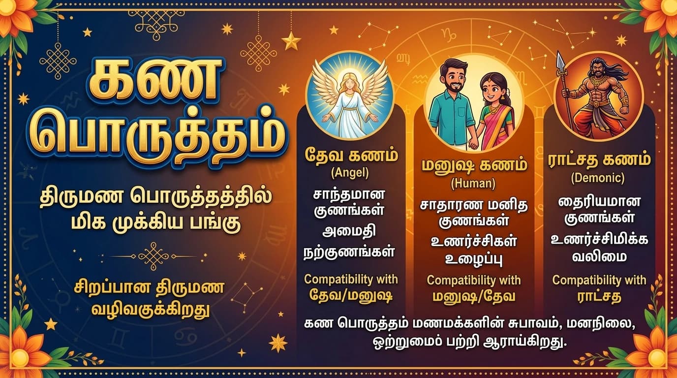 கணப் பொருத்தம் விளக்கம் | Gana Porutham in Tamil கணப் பொருத்தம் — தேவ, மனுஷ்ய, ராட்சச கண விளக்கம்